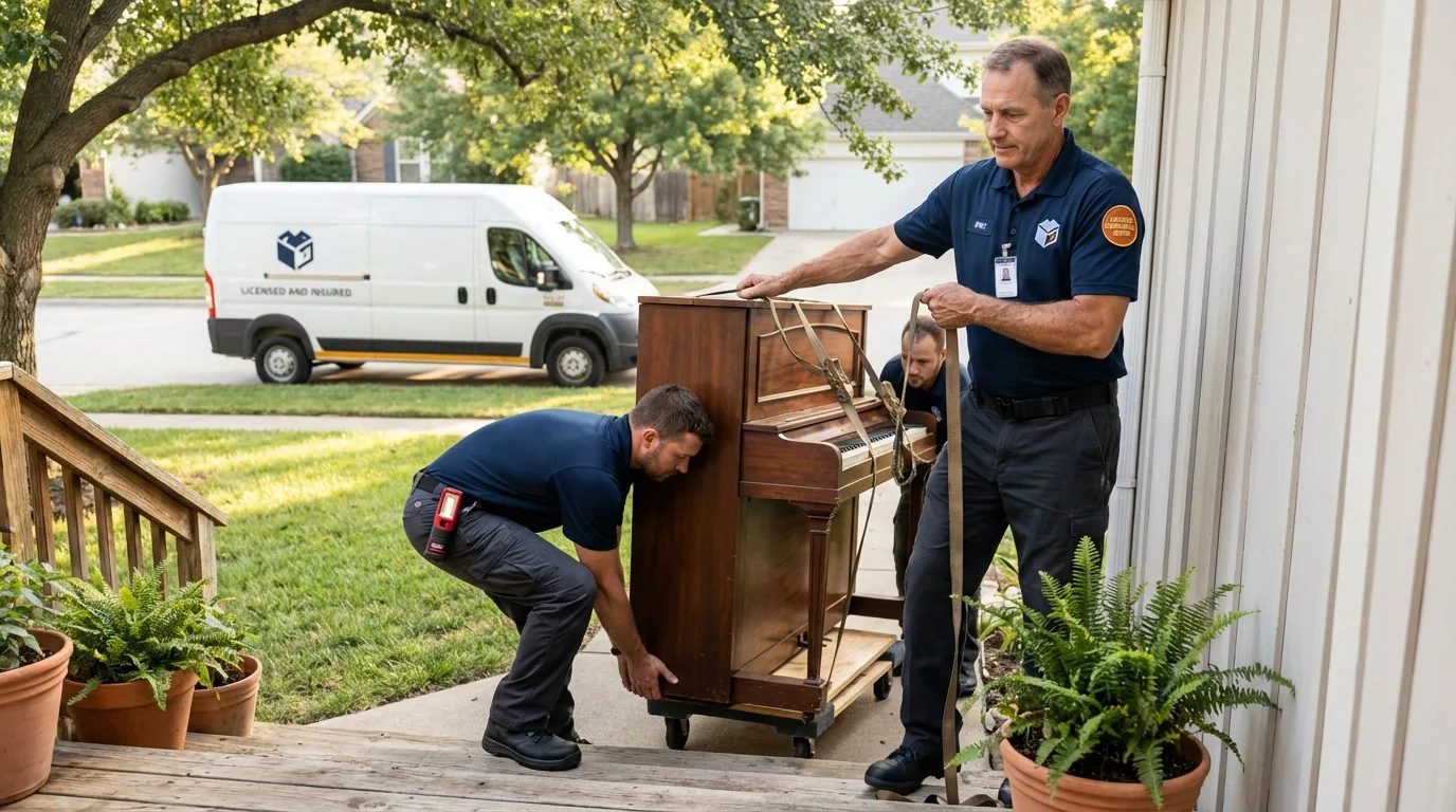 Licensed piano movers securing grand piano in Aliso Viejo, CA