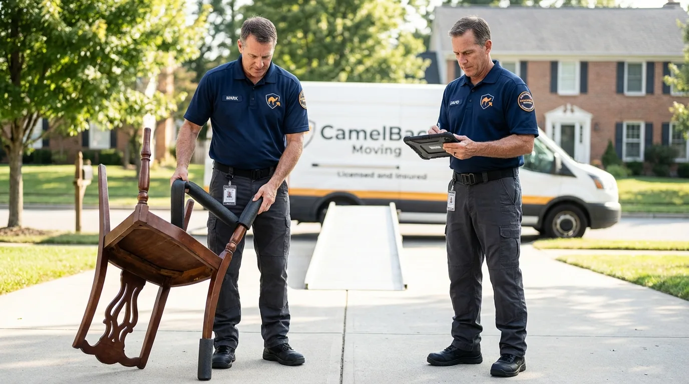 Movers inspecting furniture for damage prevention before loading in Aliso Viejo, CA