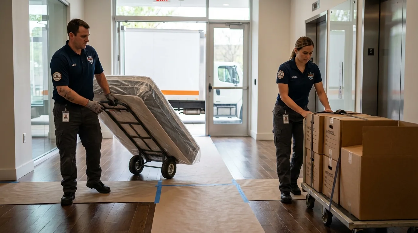 Professional apartment movers loading elevator in Aliso Viejo, CA
